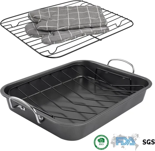 Miniatura 7 de Kitcom - Sartén para asar antiadherente con estante, juego de asador rectangular de 16 pulgadas x 11.5 pulgadas para asar pavo, pollo, carne