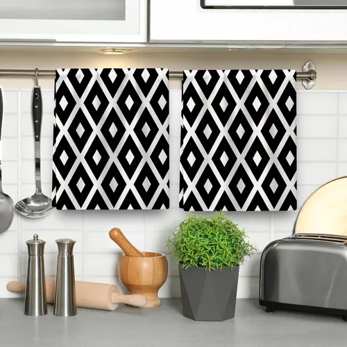 Miniatura 5 de Juego de 2 paños de cocina y paños de cocina con diamantes en blanco y negro, toallas de cocina para secar platos, suaves y absorbentes, secado a