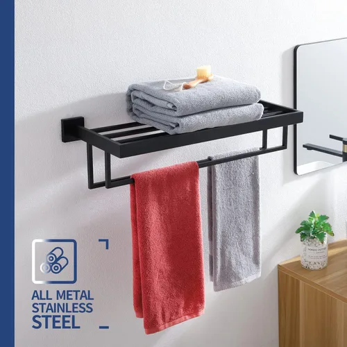 Miniatura 6 de KOKOSIRI Toallero negro mate de 24 pulgadas, estante de toalla de baño con barras de toalla dobles SUS304 de acero inoxidable montado en la pared