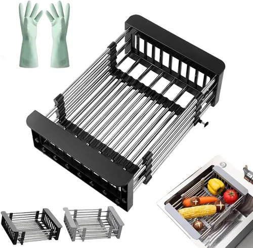 Extend - Cesta de drenaje para fregadero de cocina, estante retráctil de acero inoxidable con pluma ajustable, cesta extensora multifuncional