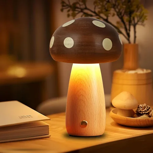 Miniatura 2 de LONRISWAY Paquete de 2 lámparas de mesa LED de madera con forma de hongo, lámparas pequeñas recargables inalámbricas táctiles, luz nocturna