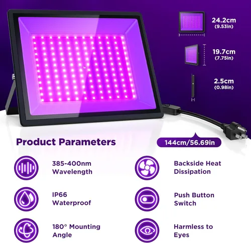Miniatura 7 de Luz negra UV de 150 W, paquete de 2 potentes lámparas LED impermeables IP66 para fiestas de neón, Halloween, decoración de Navidad y exhibiciones