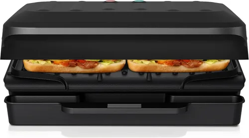Miniatura 2 de KEINVE Parrilla eléctrica de 2 porciones y prensa Panini, revestimiento antiadherente resistente, bandeja de goteo atrapa grasa, color negro