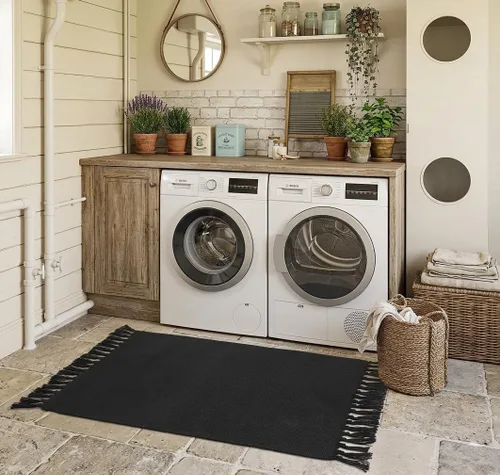 Miniatura 3 de Seavish Alfombras de cocina negras, alfombra de baño lavable de 2 x 4, alfombra de algodón reciclado, alfombras bohemias con borlas, alfombra