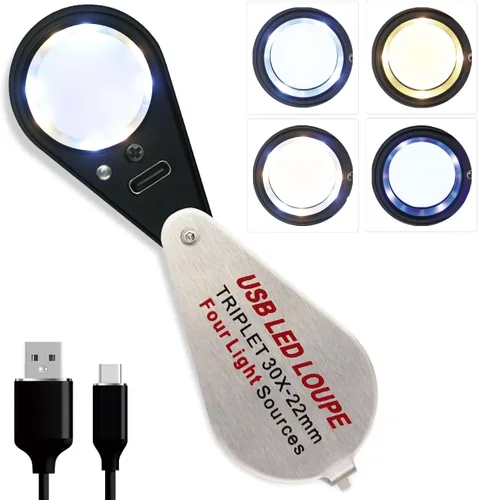 30X Jewelers - Lupa de lupa con luces UV y LED, cuatro tipos de luz, recargable por USB, lupa plegable para joyas, gemas, monedas, diamantes, 30x