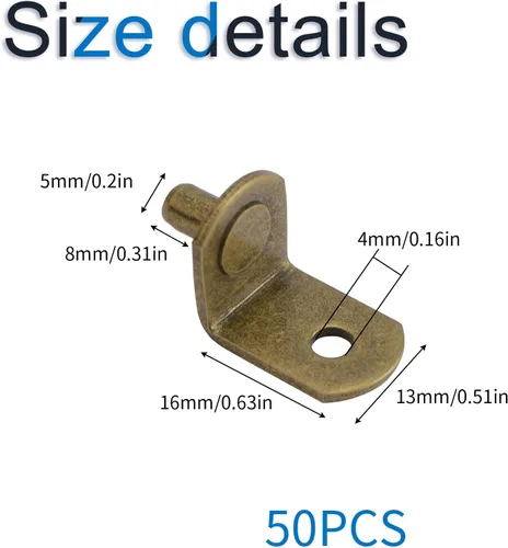 Miniatura 2 de INCREWAY Soporte de estante, paquete de 50 clavijas de metal en forma de L de 0.197 pulgadas con agujero para muebles, gabinetes, cocina, Latón