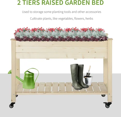 Miniatura 3 de Outsunny Cama de jardín elevada, 47 x 22 x 33 pulgadas, maceta de madera elevada con ruedas bloqueables, estante de almacenamiento y forro de cama
