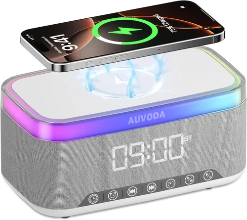Altavoz Bluetooth S300, altavoz portátil inalámbrico con carga inalámbrica de 15 W, luz nocturna de 13 colores, alarma, estéreo de 16 W, TWS, BT5.3,