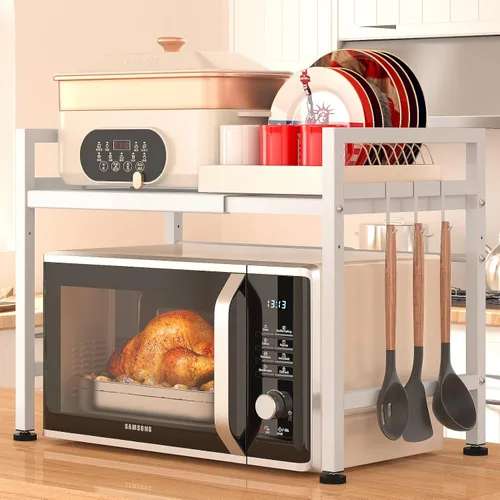 Miniatura 18 de PUSDON Estante para horno microondas negro texturizado, organizador de encimera de cocina expandible de 2 niveles, soporte de acero al carbono