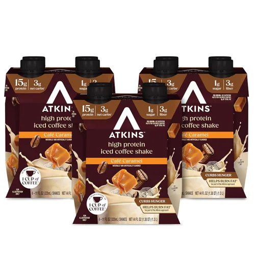 Atkins Café Caramel - Batido de proteínas con sabor a café helado con caramelo, batido alto en proteínas, bajo glucémico, bajo en carbohidratos y