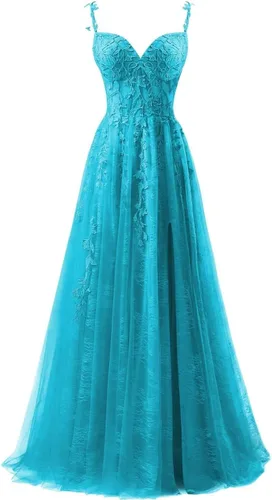 YUAOHUANG Vestido de fiesta de tul con apliques de encaje para mujer, tirantes delgados, vestido formal de fiesta de noche, vestido de fiesta con