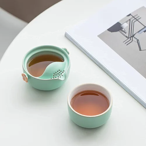 Miniatura 4 de HEER Travel Gaiwan - Juego de té para uno, juego de tazas de tetera portátil de porcelana, diseño de flor de ciruelo, regalo para mujeres (azul)