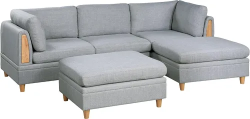 Muebles de sala de estar, juego de sofá modular de 5 piezas, sofá de tela Dorris gris claro, 2 cuñas de esquina, 1 silla sin brazos y 2 otomanas