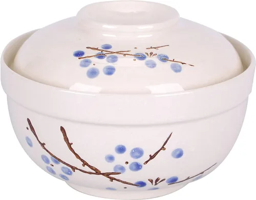 WHJY Vajilla japonesa creativa de cerámica pintada a mano con tapa para sopa y fideos, con función de preservación del calor, cuenco y tapa azul