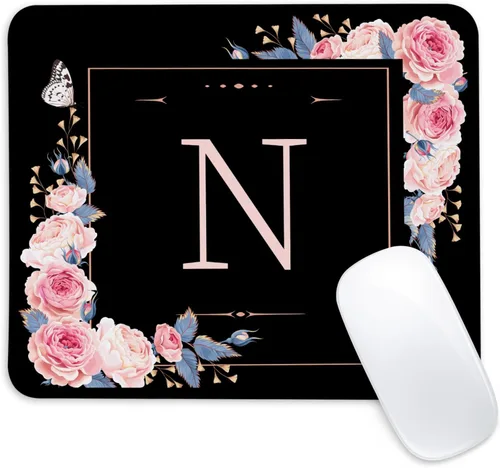 Miniatura 19 de Alfombrilla de ratón cuadrada con letra K y flores negras y rosas, alfombrilla de ratón con borde cosido y base de goma antideslizante, tapete