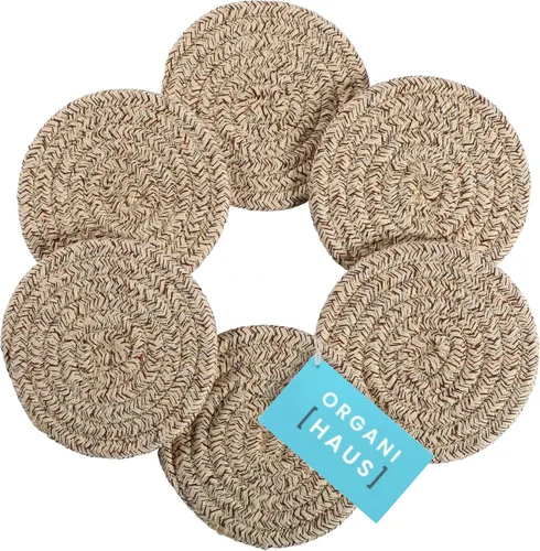 Miniatura 12 de OrganiHaus Juego de 6 posavasos de algodón absorbente, decoración rústica de estilo bohemio para mesa de café y protección de bebidas, posavasos