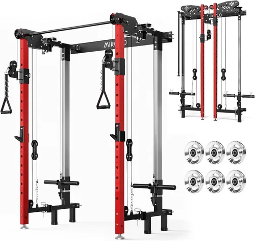 Miniatura 19 de Mikolo Folding Squat Rack, Wall Mounted Power Rack with Cable Crossover Machine & LAT Pull Down, Functional Trainer with 5 Adjustable Function