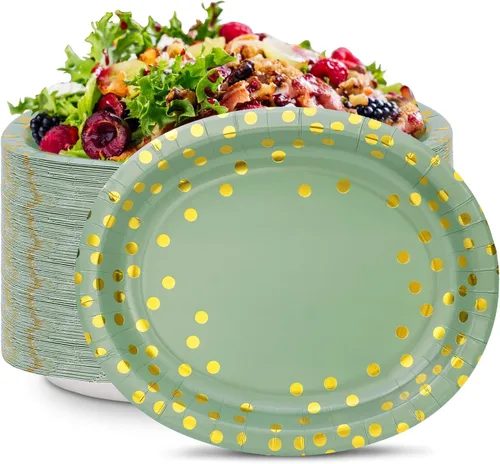 Miniatura 12 de 50 platos ovalados de Navidad, platos de papel resistentes de 12 x 10 pulgadas con hojas de acebo, bayas rojas para Navidad, vacaciones, boda
