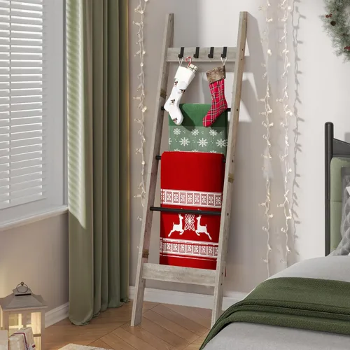 Miniatura 12 de Hzuaneri Escalera para manta para sala de estar, estante decorativo para edredón con 4 ganchos extraíbles, 5 niveles de soporte de escalera de Blanco
