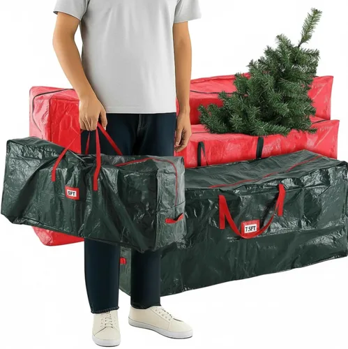 Miniatura 7 de Amylove 4 bolsas grandes de almacenamiento para árbol de Navidad, bolsas resistentes con cremallera, contenedores de plástico impermeables para Verde