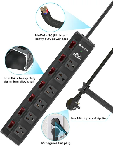 Miniatura 6 de CRST Regleta de alimentación de metal de 6 tomas con interruptores individuales, protector contra sobretensiones montable para garaje, taller