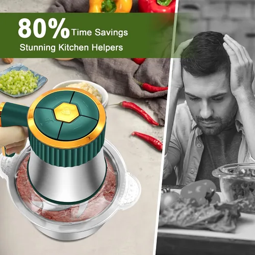Miniatura 6 de Procesador de alimentos, picadora eléctrica de alimentos de 5 velocidades, picadora de carne con 2 cuencos (8 tazas + 8 tazas) y 2