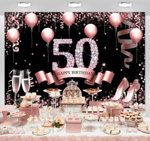 Miniatura 3 de Sensfun Telón de fondo de oro rosa con la frase "Happy 50th Birthday" para mujer, globos de diamantes con purpurina, tacones altos, fondo
