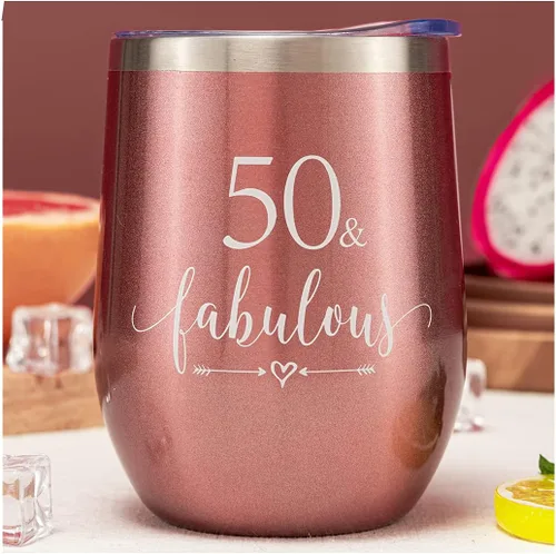 Crisky Vaso de vino de oro rosa 50 y fabuloso para mujer, regalo de cumpleaños 50 para mujeres, esposa, mamá, hermana, tía, amigas, compañera de