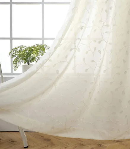MIUCO Cortinas semitraslúcidas bordadas florales de lino sintético con ojales, para sala de estar, 52 x 95 pulgadas, 1 par, color blanco roto