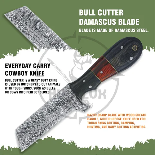 Miniatura 4 de Cuchillo cortador de toros de acero inoxidable de 8 pulgadas con funda para cinturón, cuchillo vaquero de espiga completa con mango de madera, hoja