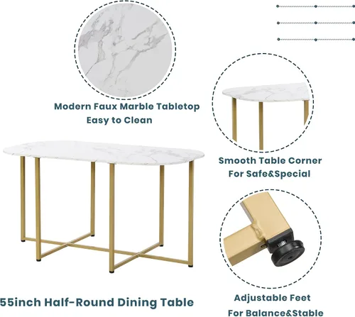 Miniatura 5 de Quarte Moderno juego de mesa de comedor de 7 piezas con mármol sintético, juego de mesa de cocina de metal compacto, diseño de silla triangular
