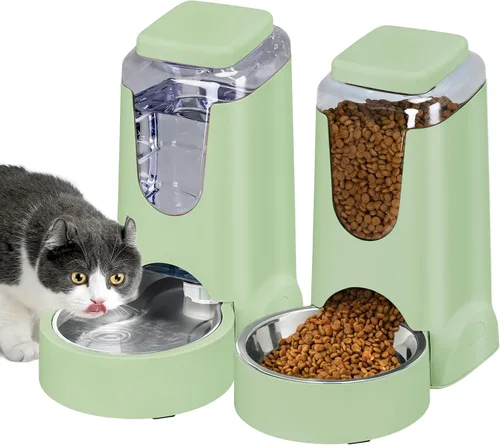 Miniatura 11 de Paquete de 2 alimentadores automáticos para gatos y dispensador de agua de acero inoxidable, juego de bebedero para perros por gravedad, juego