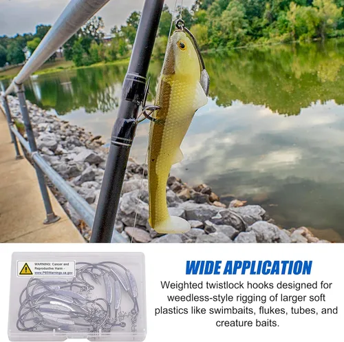 Miniatura 7 de Ganchos de pesca con peso, 15 anzuelos de pesca con peso sin malas hierbas con pasador de centrado Twistlock, ganchos de pesca de gusanos