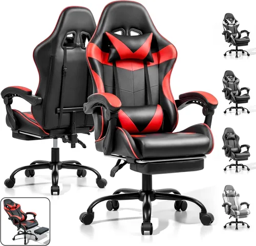 Silla de juegos, silla ergonómica para computadora con reposapiés y soporte lumbar, silla de oficina de altura ajustable con asiento giratorio de