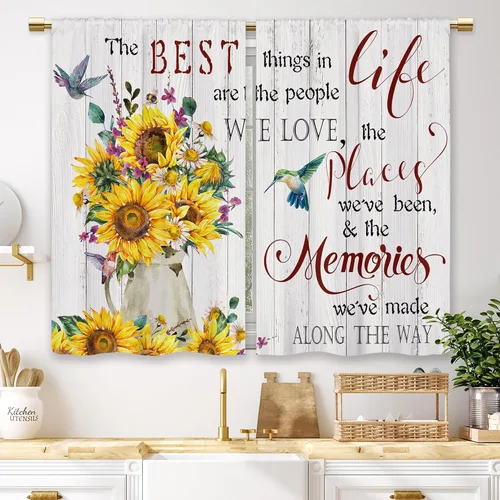Miniatura 51 de Cortinas de Cocina de Girasol Estilo Granja, Cortinas de Ventana Cortas Pequeñas de Café con Flores Rústicas Florales del Campo, Cortinas de Ventana