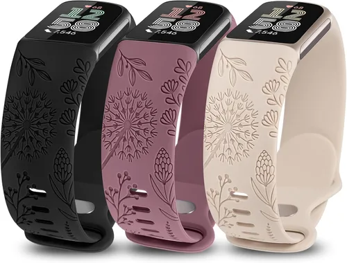 Minyee Paquete de 3 bandas grabadas florales compatibles con Fitbit Charge 6 bandas/Fitbit Charge 5 bandas para mujer, lindo diseño de flores de