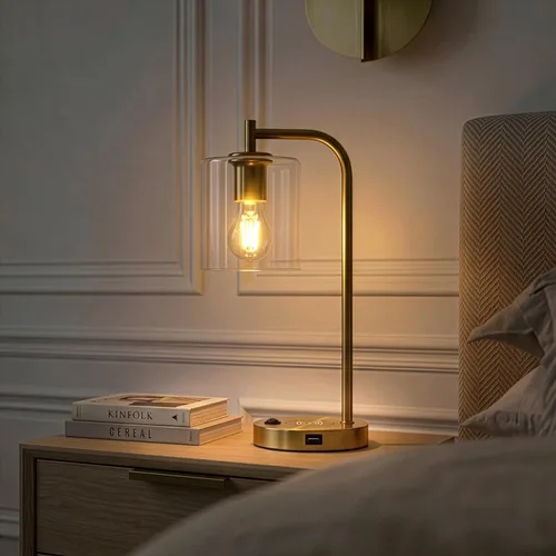 Miniatura 6 de Brightech Elizabeth - Lámpara de mesa con almohadilla de carga inalámbrica y puerto USB, lámpara de lectura de noche, lámpara de escritorio dorada