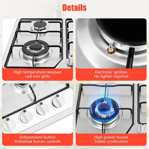 Miniatura 6 de Estufa de gas integrada de 23 x 20 pulgadas con 4 quemadores, estufa de gas de acero inoxidable con placa de propano de doble combustible de GN/LPG