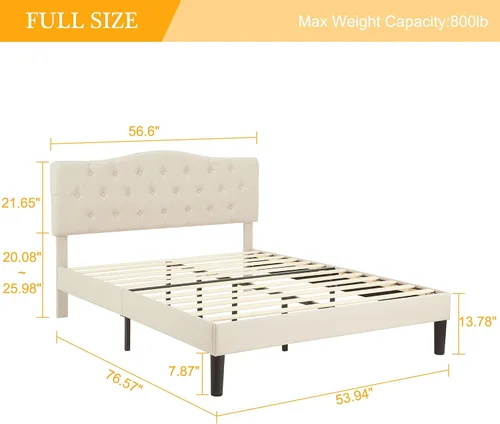Miniatura 2 de VECELO Estructura de Cama Tamaño Full Tapizada con Cabecera Ajustable Acolchada/Base de Colchón con Soporte de Listones de Madera, Fácil Montaje