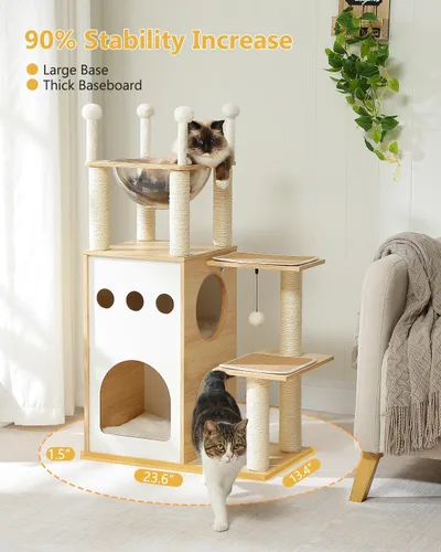 Miniatura 3 de MUTTROS Árbol moderno de madera para gatos de 42.5 pulgadas con condominio de 2 pisos, postes rascadores, nido de cápsulas y bolas colgantes