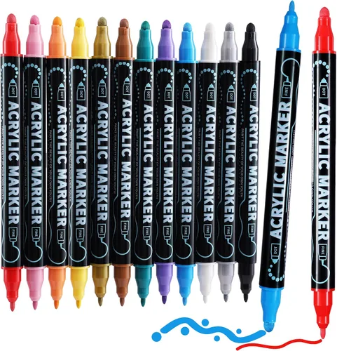 Marcadores de pintura acrílica de doble punta de 12 colores, punta fina y punta fina para roca, madera, tela, lienzo, vidrio, papel, cerámica, álbum