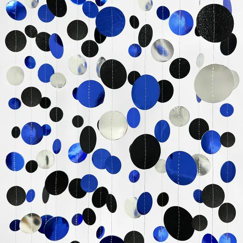 Guirnalda de 46 pies de puntos circulares azul marino, negro y plateado, serpentina de lunares azul real y negro para cumpleaños, graduaciones,
