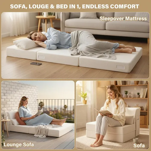 Miniatura 5 de Tiita - Colchón plegable convertible para sofá cama con almohada y bolsillo lateral, colchón de tela de felpa para el suelo, funda lavable