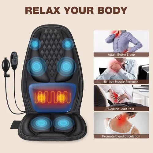 Miniatura 4 de Masajeador de espalda con calor, almohadilla de asiento de masaje con soporte lumbar 3D, almohadilla de masajeador de silla con 8 motores Negro