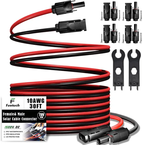 Miniatura 21 de Cable de Extensión Solar de Doble Hilo de 50 Pies - 10AWG (6mm) Negro y Rojo con Conectores de Panel Solar IP67 para Uso en Exteriores y Marino