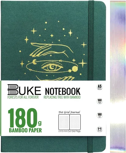 Miniatura 15 de BUKE Cuaderno de cuadrícula de puntos, papel blanco de bambú de 6.35 oz/m², 5 puntos de 0.197 x 0.197 in, 160 páginas, encuadernación plana, bordes