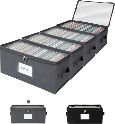 Miniatura 9 de Paquete de 2 cajas de almacenamiento de tela para DVD con tapa de PVC transparente, capacidad para 25 fundas de DVD estándar, tela no tejida