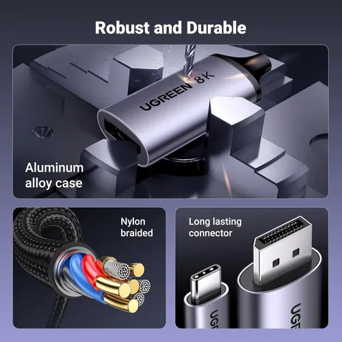Miniatura 6 de UGREEN Cable bidireccional USB C a DisplayPort 1.4 8K @60Hz 4K a 240Hz DisplayPort a USB C Thunderbolt 4 cable Alu trenzado compatible con iPhone 17