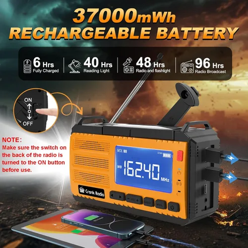 Miniatura 4 de Radio de manivela de emergencia, radio solar de emergencia de manivela manual de 37000 mWh (10000 mAh) Radio meteorológica AM/FM NOAA con pantalla