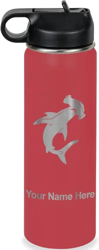 Miniatura 9 de LaserGram Botella de agua personalizada, tiburón martillo, acero inoxidable de doble pared aislada al vacío con popote superior, regalo grabado